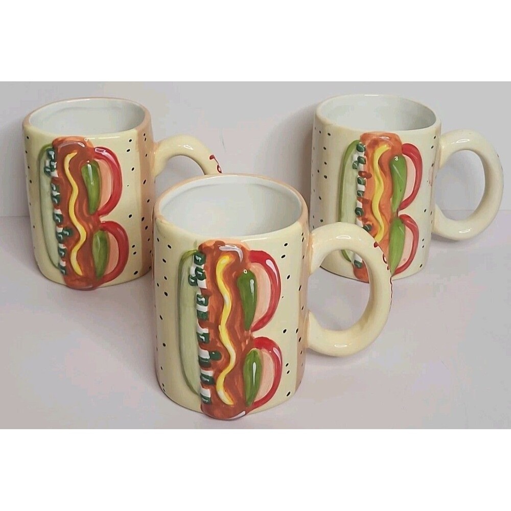 Lot Of 3 Portillos Hot Dog Mug 3D Ceramic Restaurant Collectible Fast Food Cup